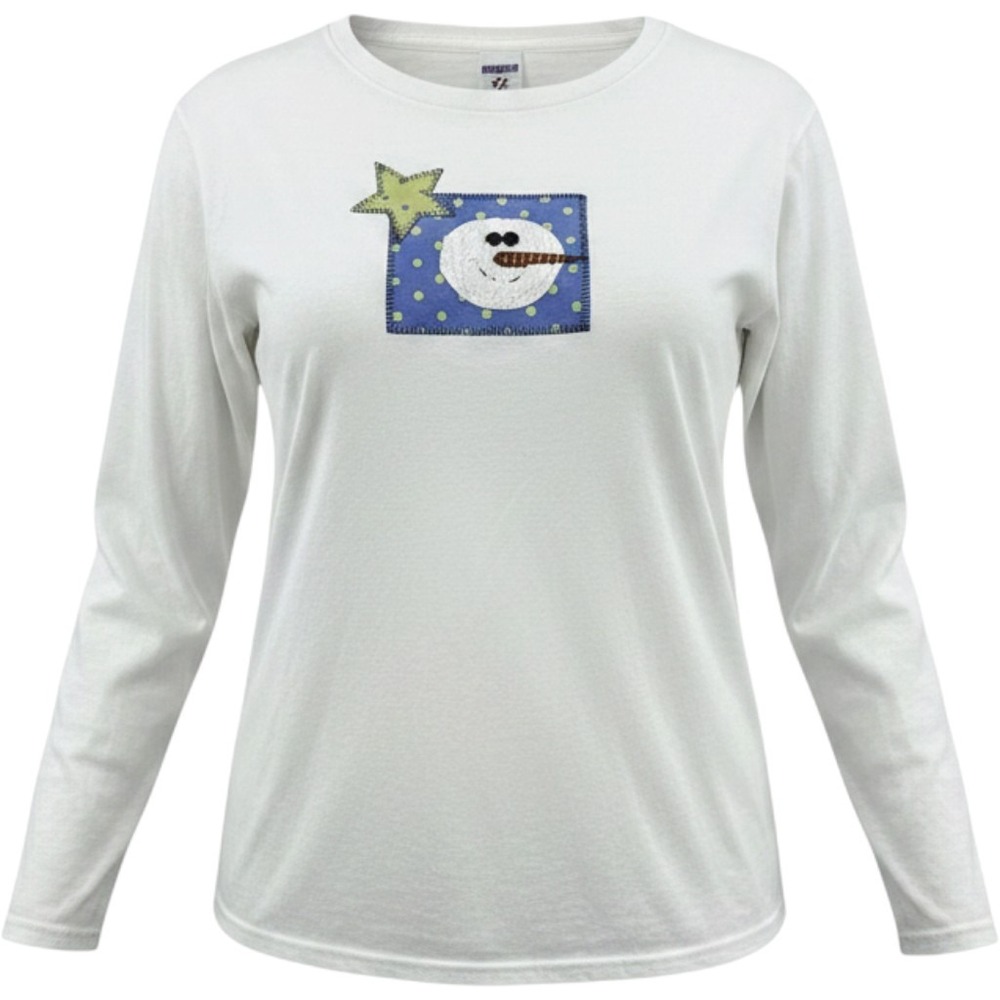 Jerzees Snowman Graphic Tee Women XL White Long Sleeve Applique Holiday Vintage